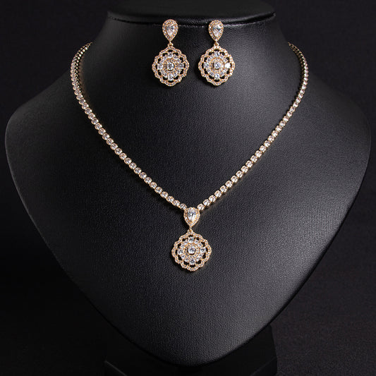 Elegant 14K Gold-Plated Copper Zircon Jewelry Set with Round CZ Pendant and Matching Earrings