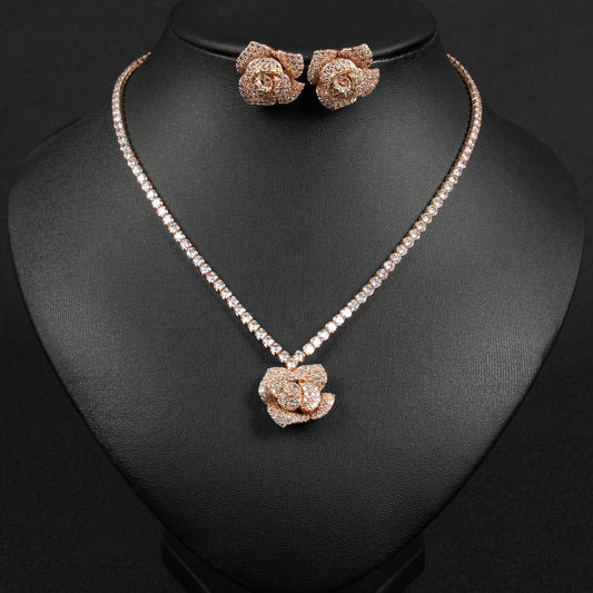 Luxury Rose Gold-Plated Copper Rose Jewelry Set with Pink Cubic Zirconia and Micro-Pave Setting