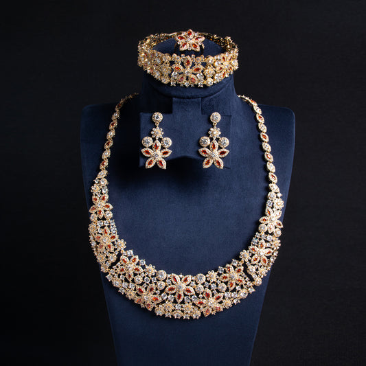 Luxury 14K Gold-Plated Copper CZ Jewelry Set with Floral Motif and All-Over Crystal Royal Jewelry Sets