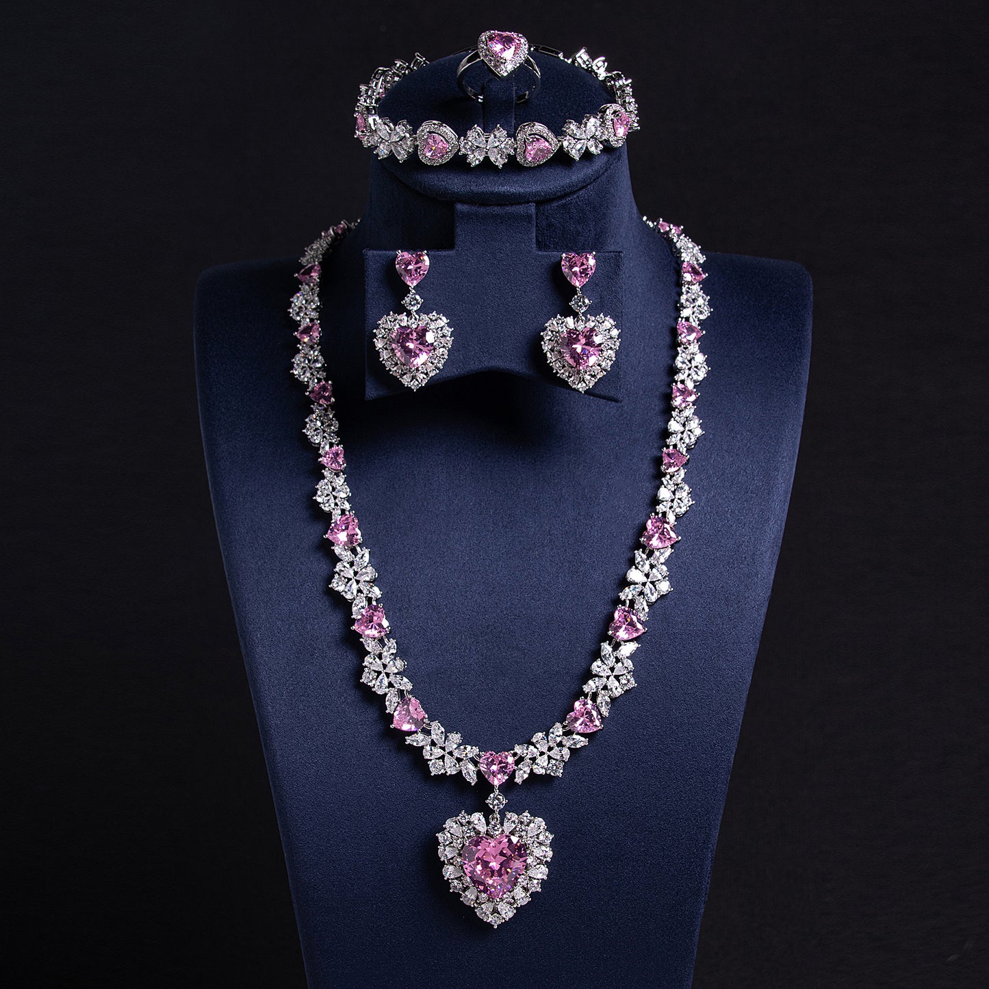 Royal Luxury AAA Cubic Zircon Paved Full Diamond Multi Color Heart Charm Jewelry Sets For Women Wholesale