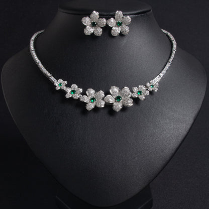 Silver-Tone Cubic Zircon Flower Shaped Stud Earrings Statement Necklace Jewelry Sets For Women Party Jewelry Accessories
