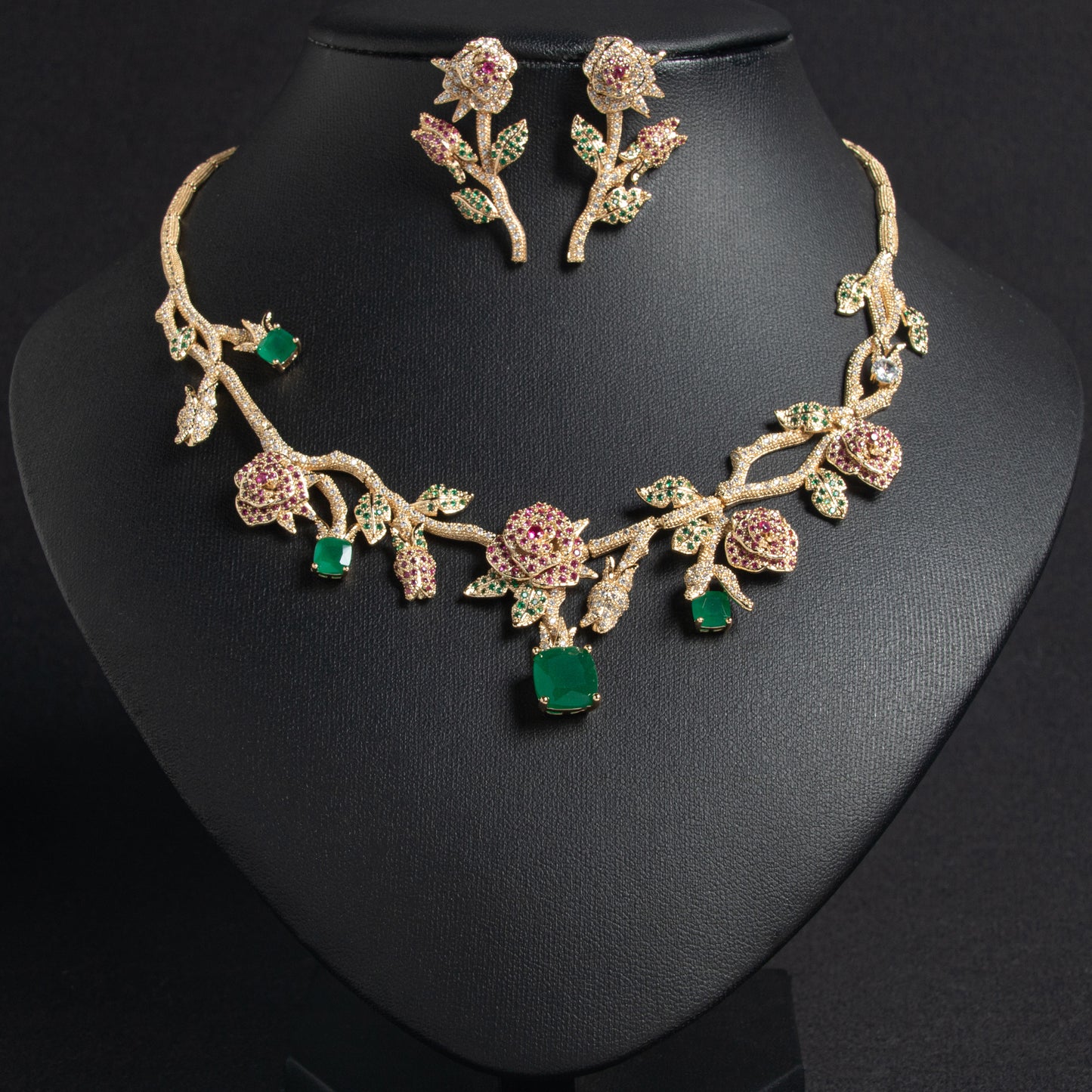 Luxury 14K Gold-Plated Copper Rose Jewelry Set with Pink & Emerald Cubic Zirconia and Micro-Pave Leaf Accents