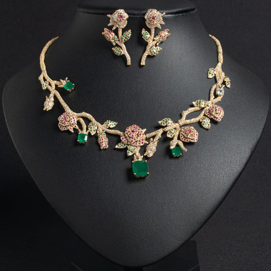 Luxury 14K Gold-Plated Copper Rose Jewelry Set with Pink & Emerald Cubic Zirconia and Micro-Pave Leaf Accents