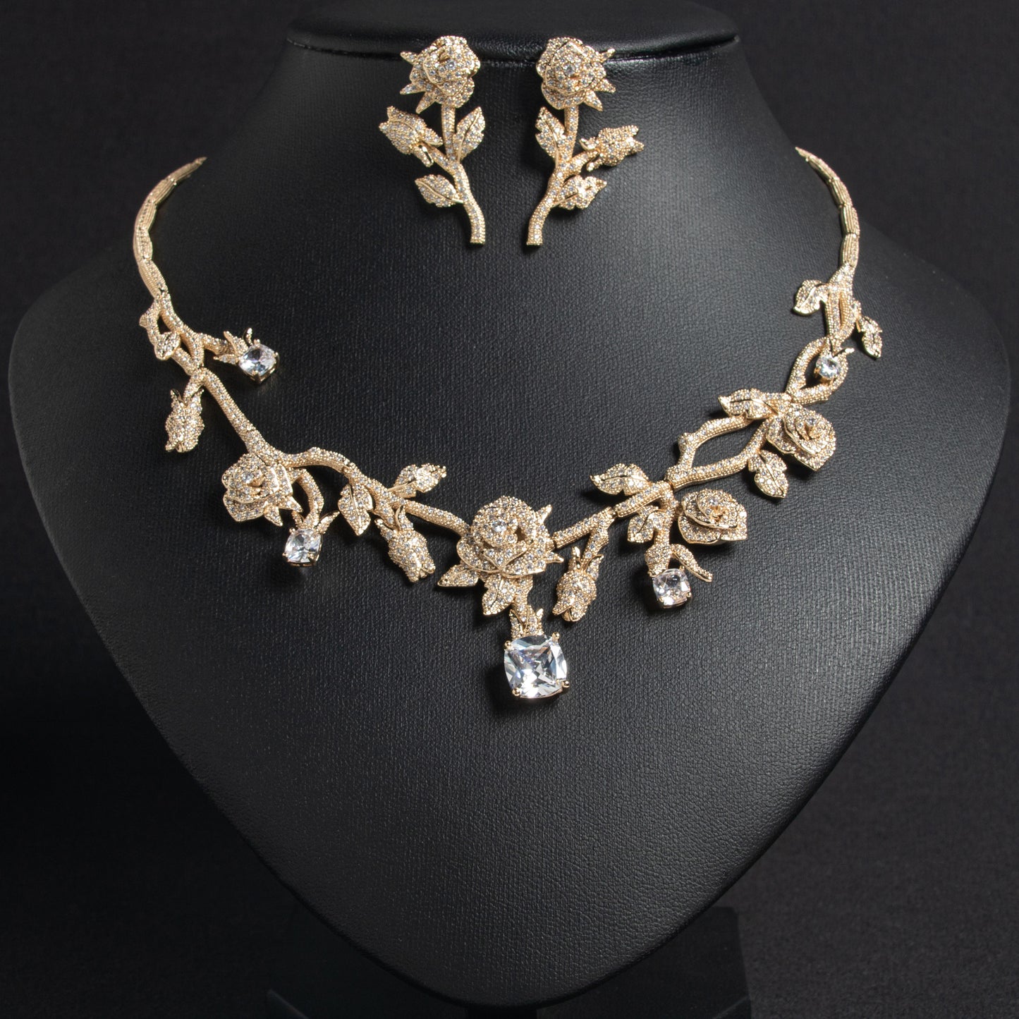 Luxury 14K Gold-Plated Copper Rose Jewelry Set with Pink & Emerald Cubic Zirconia and Micro-Pave Leaf Accents