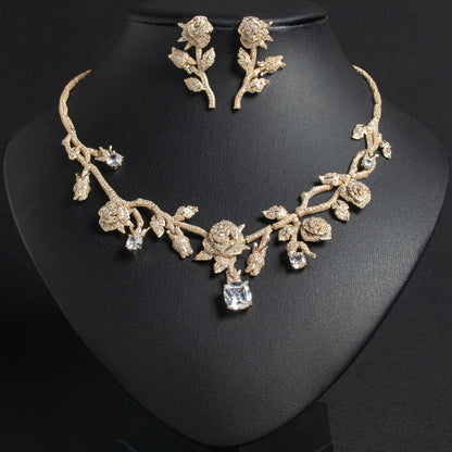 Luxury 14K Gold-Plated Copper Rose Jewelry Set with Pink & Emerald Cubic Zirconia and Micro-Pave Leaf Accents