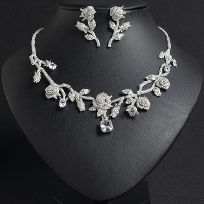 Luxury 14K Gold-Plated Copper Rose Jewelry Set with Pink & Emerald Cubic Zirconia and Micro-Pave Leaf Accents
