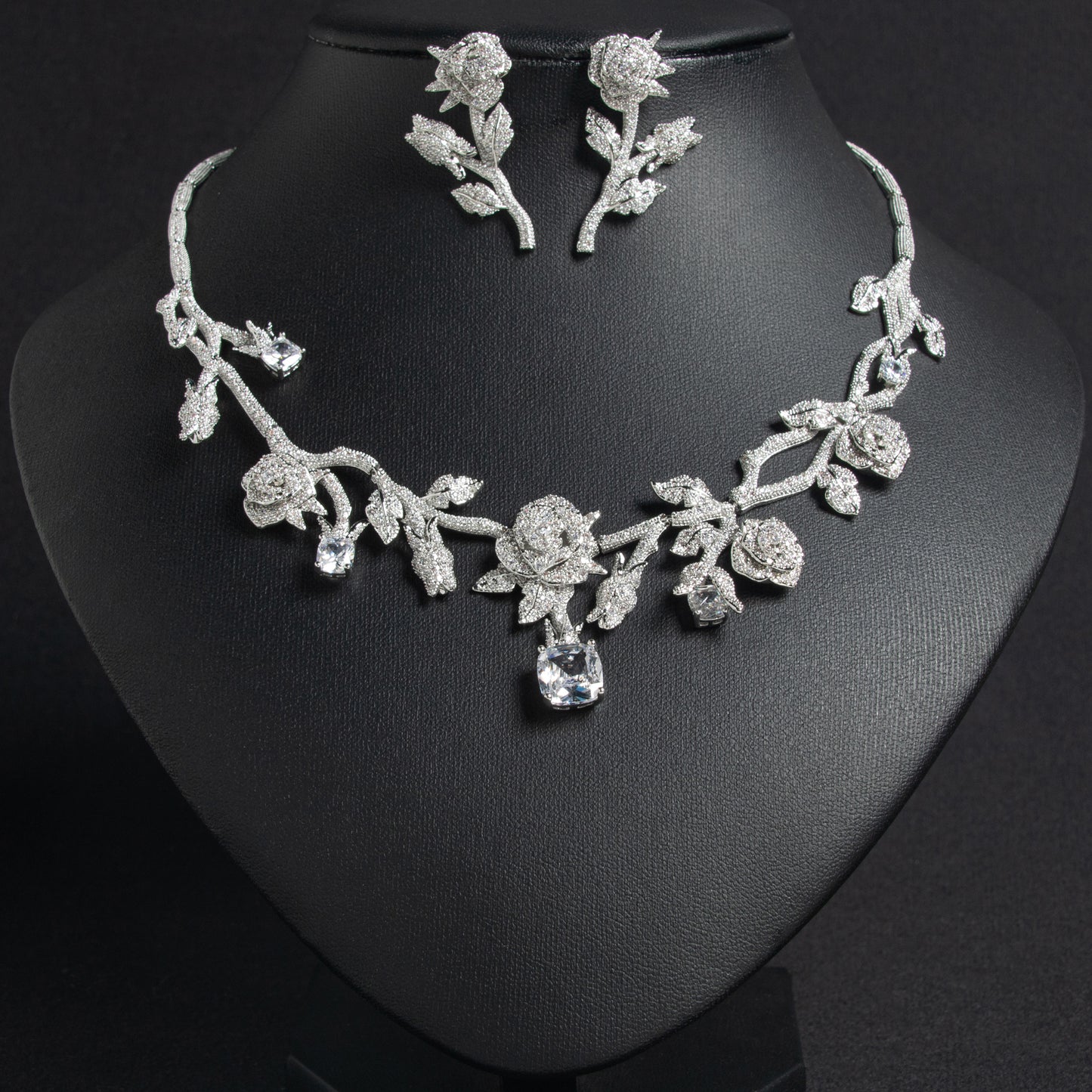 Luxury 14K Gold-Plated Copper Rose Jewelry Set with Pink & Emerald Cubic Zirconia and Micro-Pave Leaf Accents