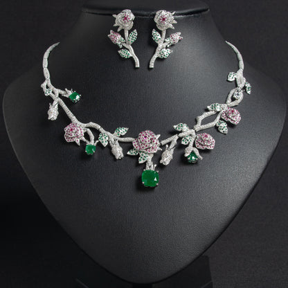 Luxury 14K Gold-Plated Copper Rose Jewelry Set with Pink & Emerald Cubic Zirconia and Micro-Pave Leaf Accents