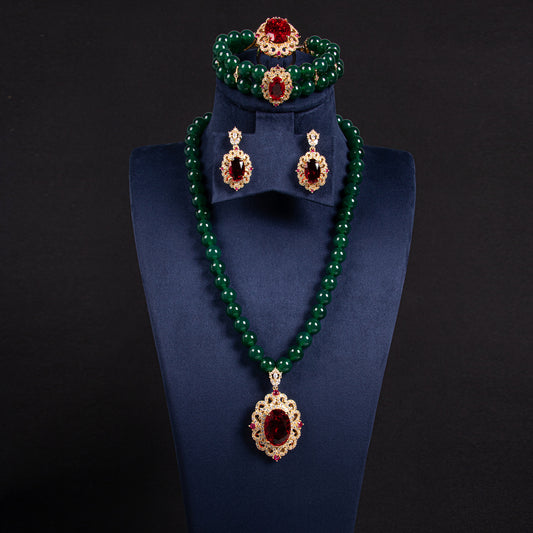Luxury 14K Gold-Plated Copper Zircon Jewelry Set with Emerald Beads & Ruby Focal Gems Beaded Charm Pendant 4pcs/1sets