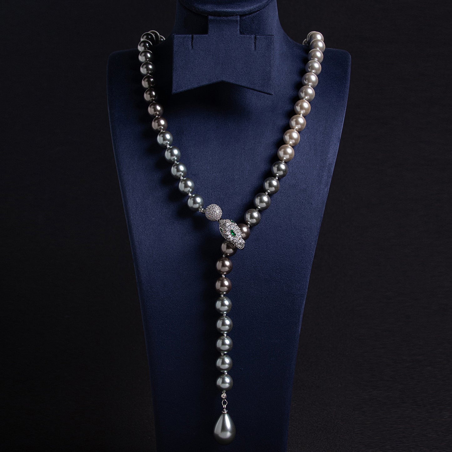 Dual-Strand Pearl Necklace with Copper Zircon Floral Pendant Snake Shaped AAA Zircon Paved Long Dangling Necklace