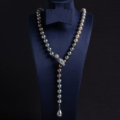 Dual-Strand Pearl Necklace with Copper Zircon Floral Pendant Snake Shaped AAA Zircon Paved Long Dangling Necklace