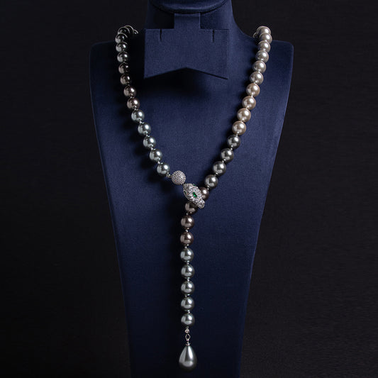 Dual-Strand Pearl Necklace with Copper Zircon Floral Pendant Snake Shaped AAA Zircon Paved Long Dangling Necklace