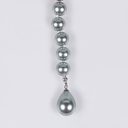 Dual-Strand Pearl Necklace with Copper Zircon Floral Pendant Snake Shaped AAA Zircon Paved Long Dangling Necklace