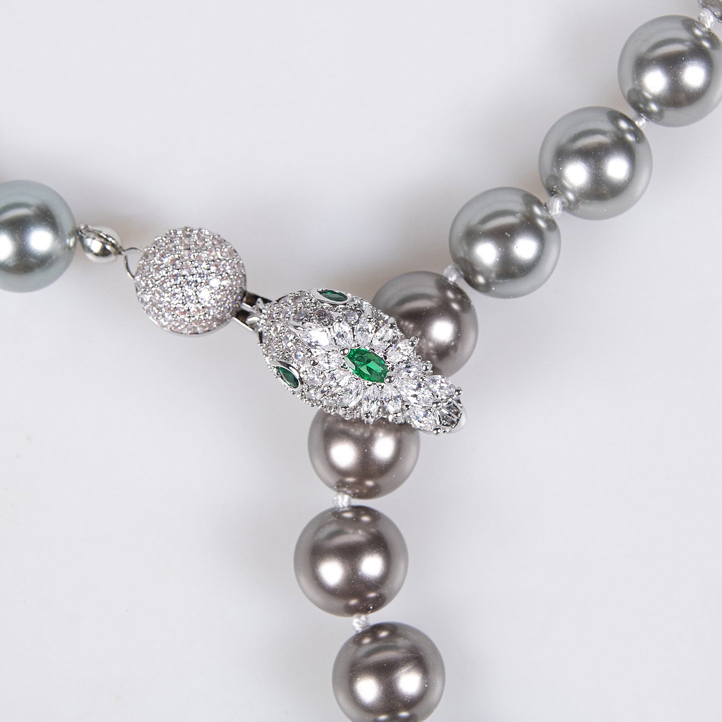 Dual-Strand Pearl Necklace with Copper Zircon Floral Pendant Snake Shaped AAA Zircon Paved Long Dangling Necklace