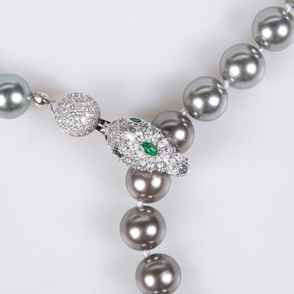 Dual-Strand Pearl Necklace with Copper Zircon Floral Pendant Snake Shaped AAA Zircon Paved Long Dangling Necklace