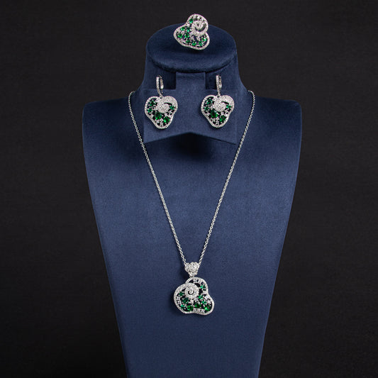 Elegant Rhodium-Plated Copper & CZ Heart Set with Fiery Orange-Red Zircon Accents and 4-Piece Matching Collection