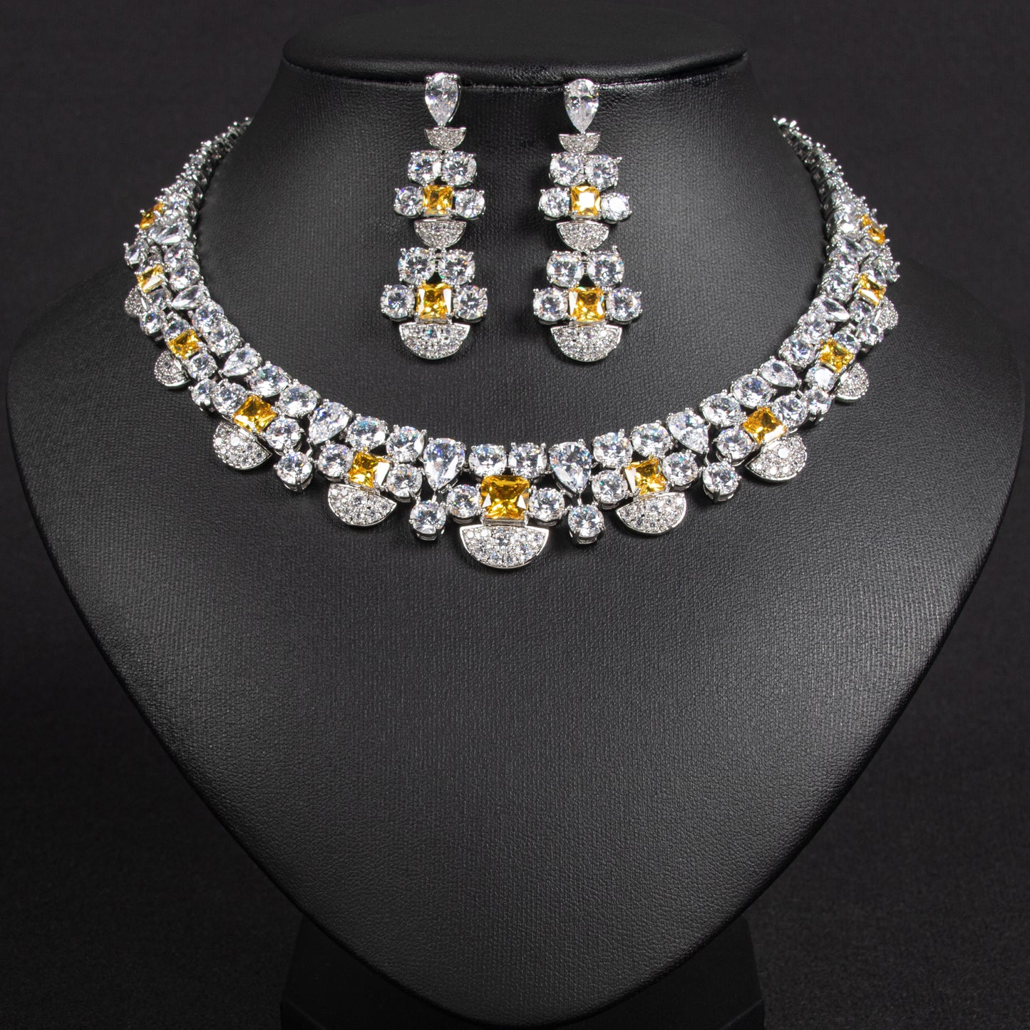Luxury Colorful Cubic Zirconia Embedded Silver-Tone Earrings Wedding/Banquet Wear Women's Fashion Jewelry Set