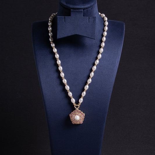 Floral Pearl & Copper Zircon Statement Necklace Pink Gemstone Pearl Linked Chain Charm Pendant Necklace