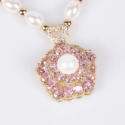 Floral Pearl & Copper Zircon Statement Necklace Pink Gemstone Pearl Linked Chain Charm Pendant Necklace