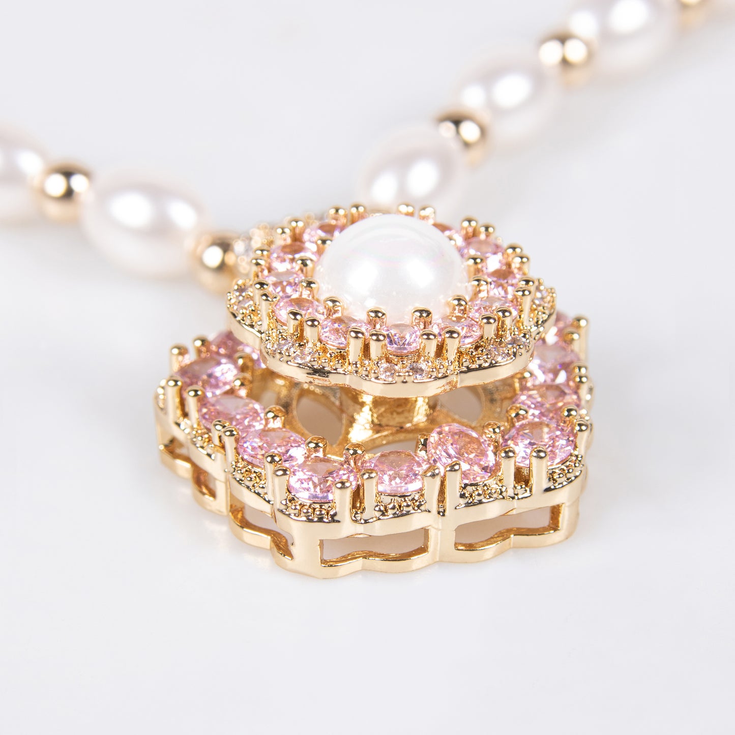 Floral Pearl & Copper Zircon Statement Necklace Pink Gemstone Pearl Linked Chain Charm Pendant Necklace
