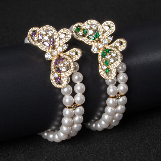 Double-Layer Pearl Bracelet with Butterfly Copper & Multi-Color Zircon Elegant Gold Bracelet Women