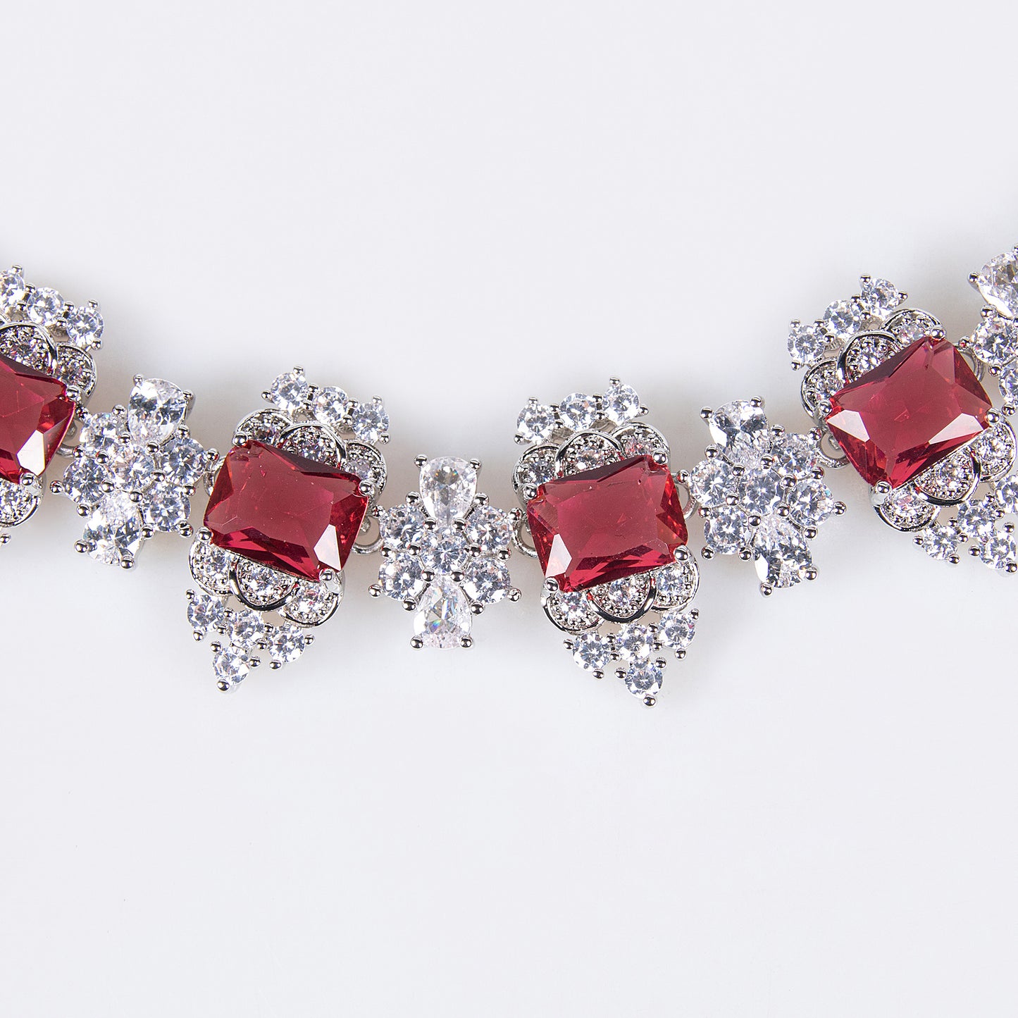 Vivid Red Zircon & Copper Statement Necklace with Intricate Square Setting Snow Flower AAA Cubic Jewelry