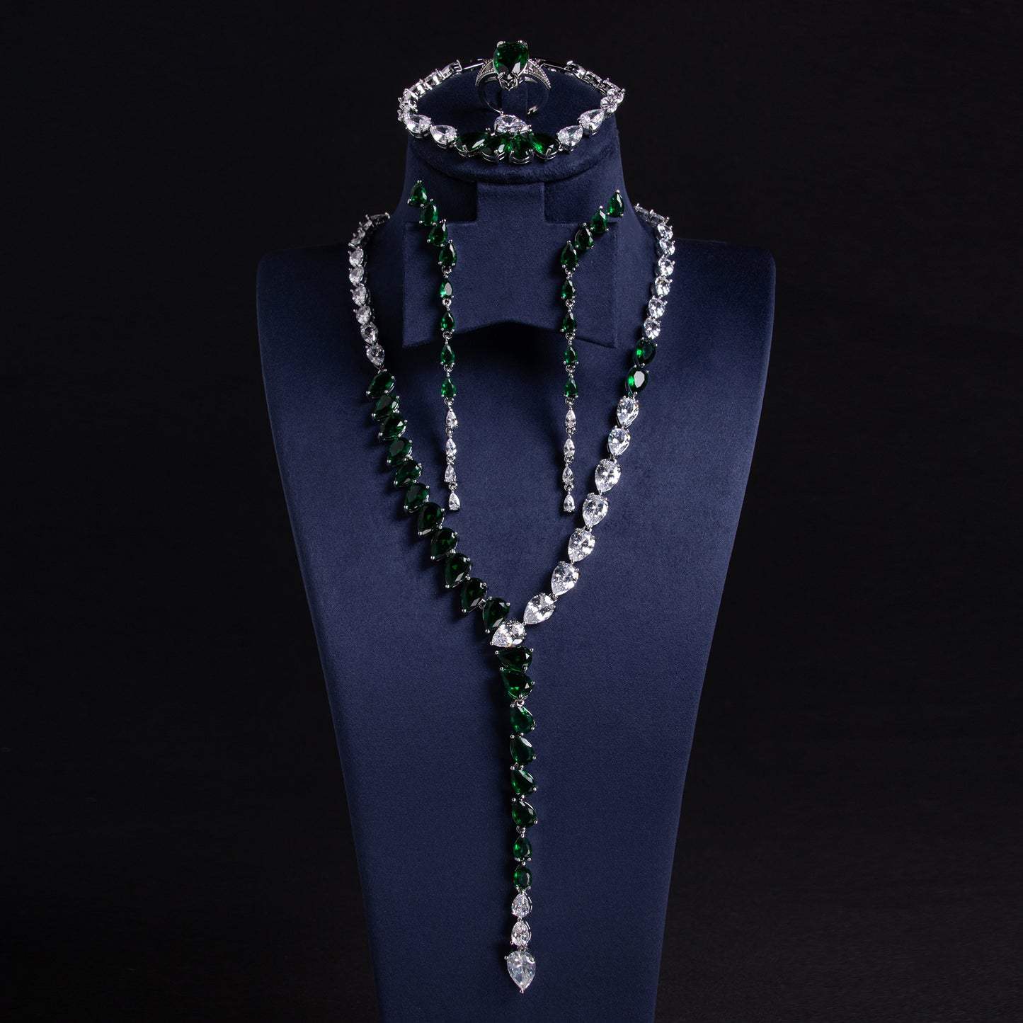 Elegant Rhodium-Plated Copper & Zircon Jewelry Set with Green Teardrop Gems and Pearl Accents