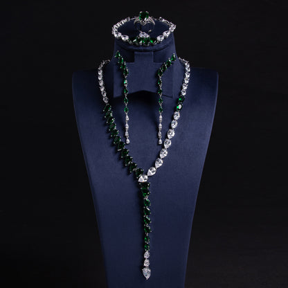 Elegant Rhodium-Plated Copper & Zircon Jewelry Set with Green Teardrop Gems and Pearl Accents