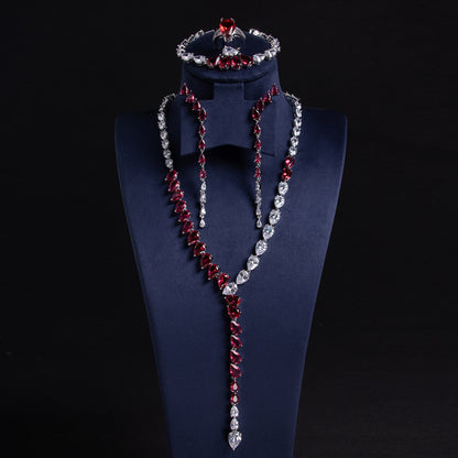 Elegant Rhodium-Plated Copper & Zircon Jewelry Set with Green Teardrop Gems and Pearl Accents