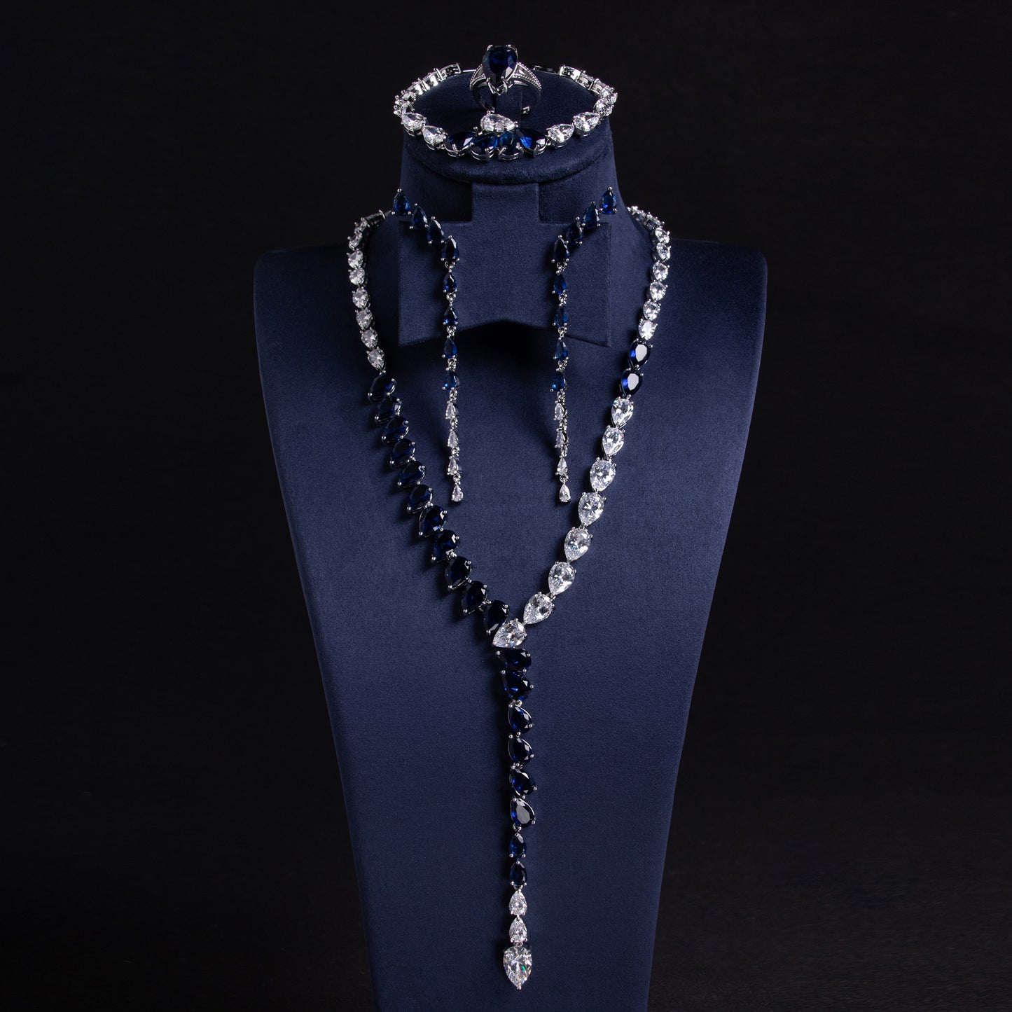 Elegant Rhodium-Plated Copper & Zircon Jewelry Set with Green Teardrop Gems and Pearl Accents