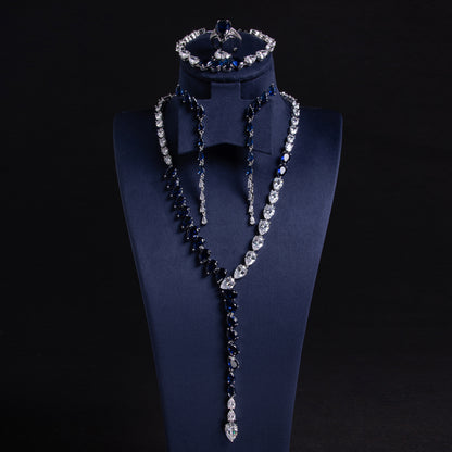 Elegant Rhodium-Plated Copper & Zircon Jewelry Set with Green Teardrop Gems and Pearl Accents