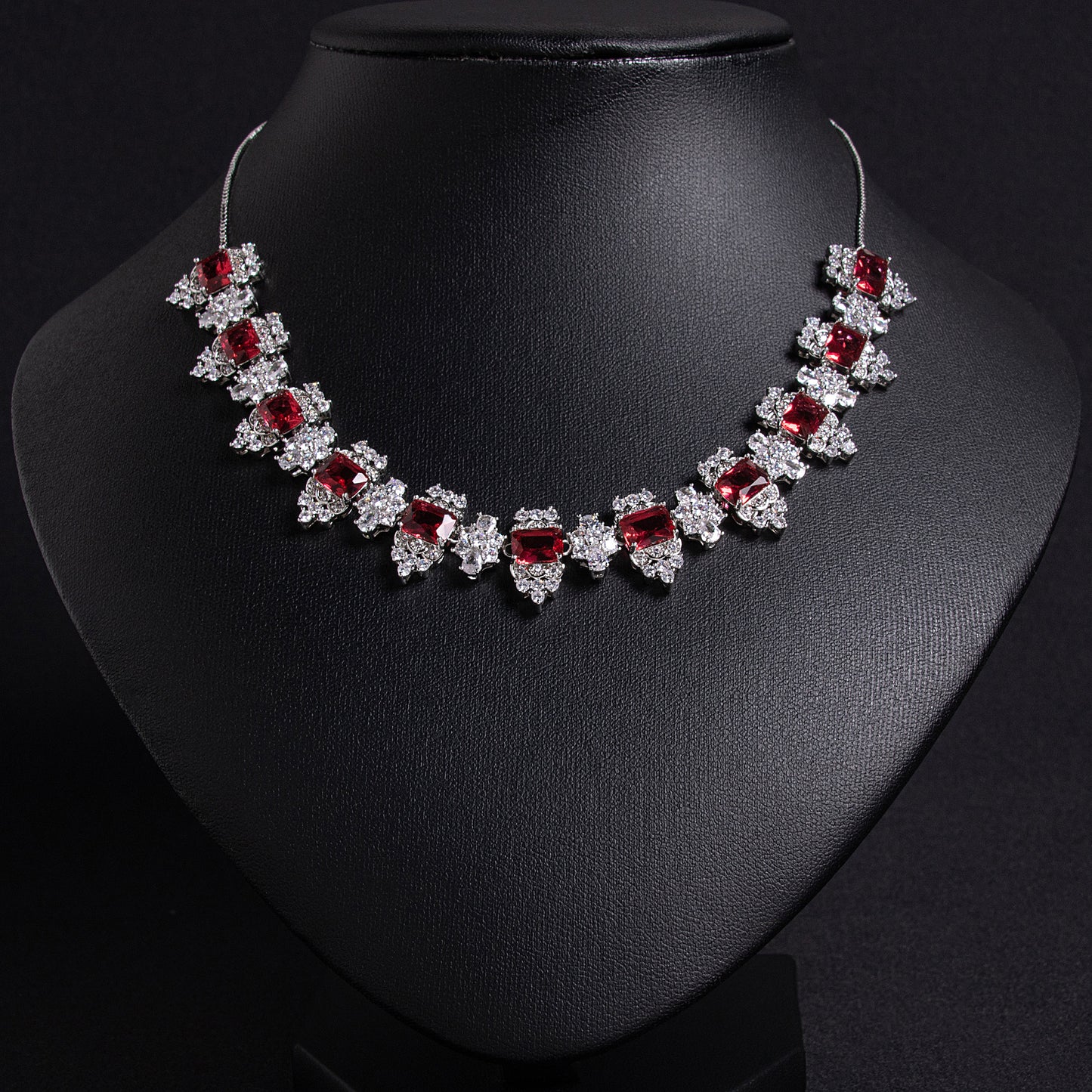 Vivid Red Zircon & Copper Statement Necklace with Intricate Square Setting Snow Flower AAA Cubic Jewelry