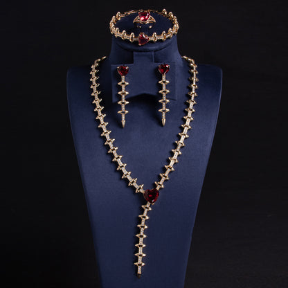 Luxury 14K Gold-Plated Copper & CZ Jewelry Set with Heart-Shaped Emerald Green Gems and Diamond Accents