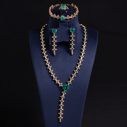 Luxury 14K Gold-Plated Copper & CZ Jewelry Set with Heart-Shaped Emerald Green Gems and Diamond Accents