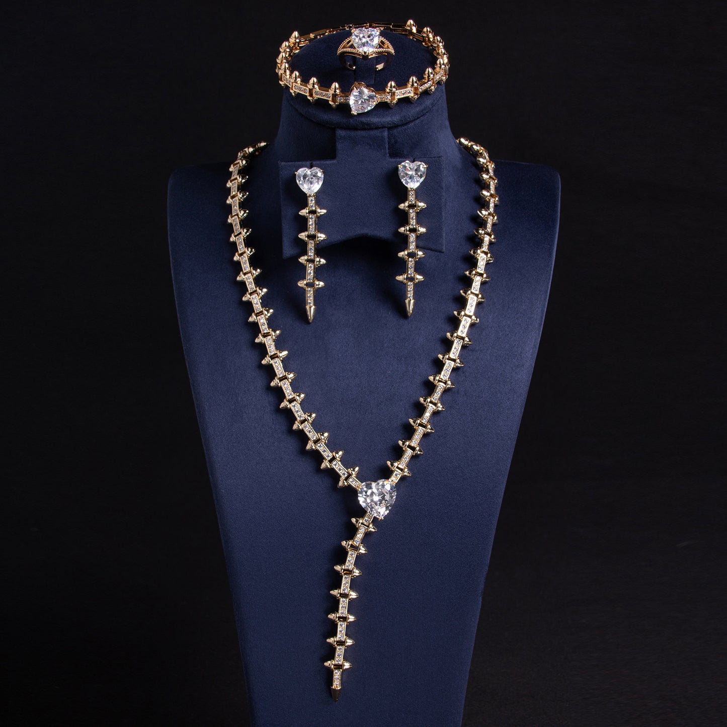 Luxury 14K Gold-Plated Copper & CZ Jewelry Set with Heart-Shaped Emerald Green Gems and Diamond Accents