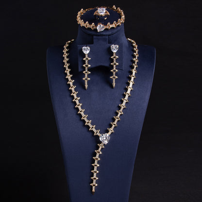 Luxury 14K Gold-Plated Copper & CZ Jewelry Set with Heart-Shaped Emerald Green Gems and Diamond Accents