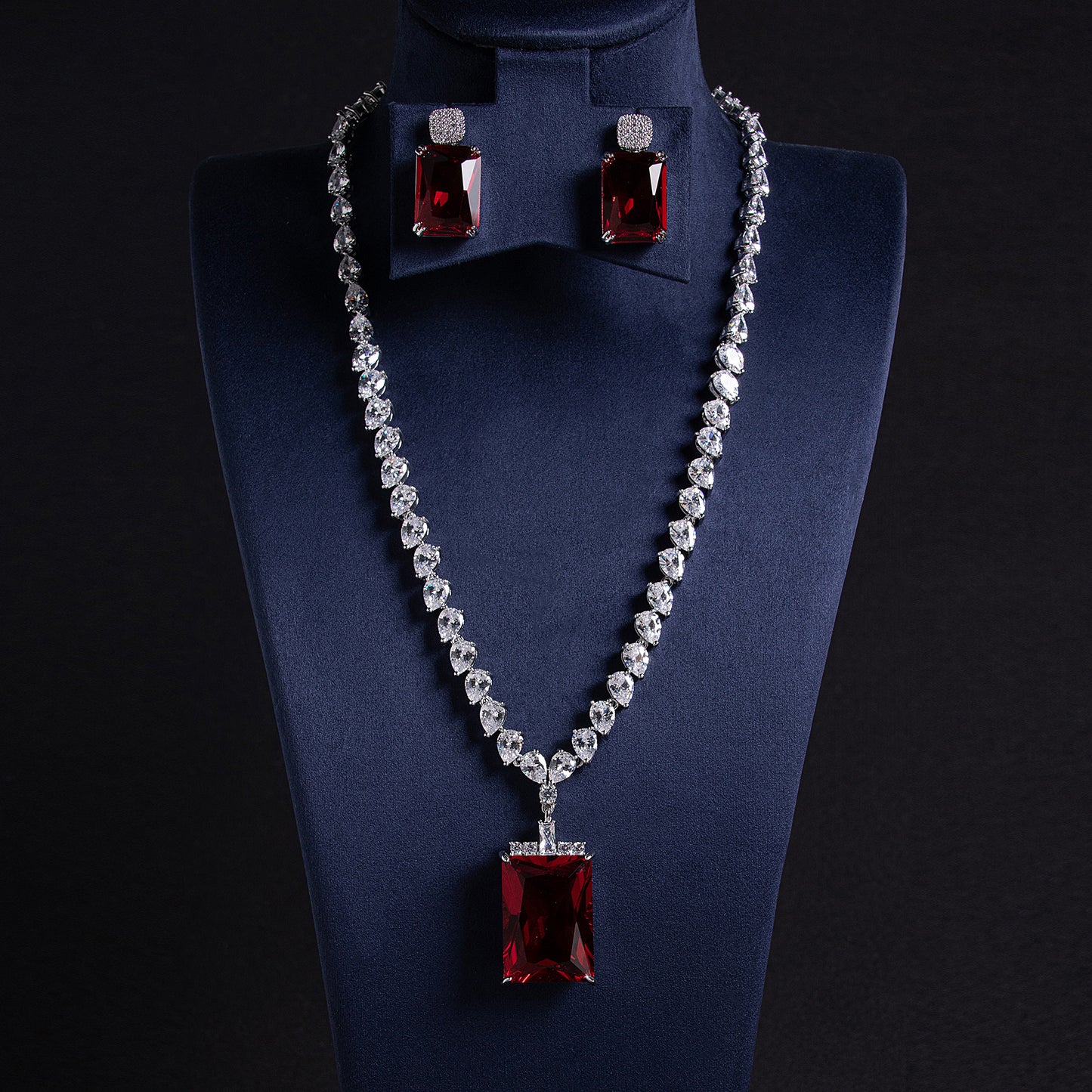 Elegant Rhodium-Plated Copper & Zircon Jewelry Set with Red Rectangular Gemstone Pendant and Matching Earrings