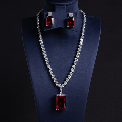 Elegant Rhodium-Plated Copper & Zircon Jewelry Set with Red Rectangular Gemstone Pendant and Matching Earrings