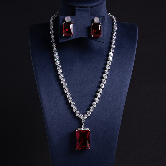 Elegant Rhodium-Plated Copper & Zircon Jewelry Set with Red Rectangular Gemstone Pendant and Matching Earrings