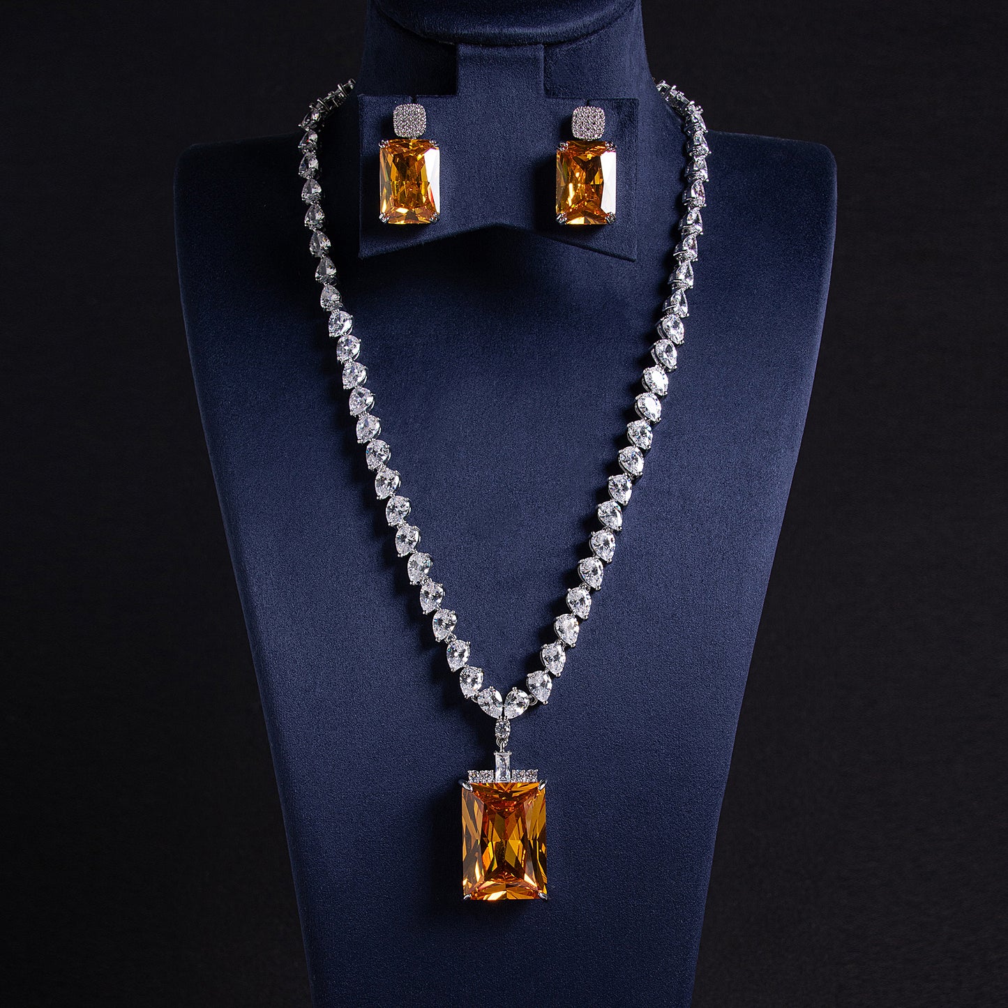 Elegant Rhodium-Plated Copper & Zircon Jewelry Set with Red Rectangular Gemstone Pendant and Matching Earrings