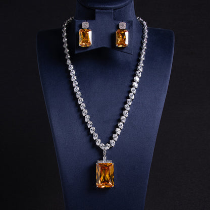 Elegant Rhodium-Plated Copper & Zircon Jewelry Set with Red Rectangular Gemstone Pendant and Matching Earrings