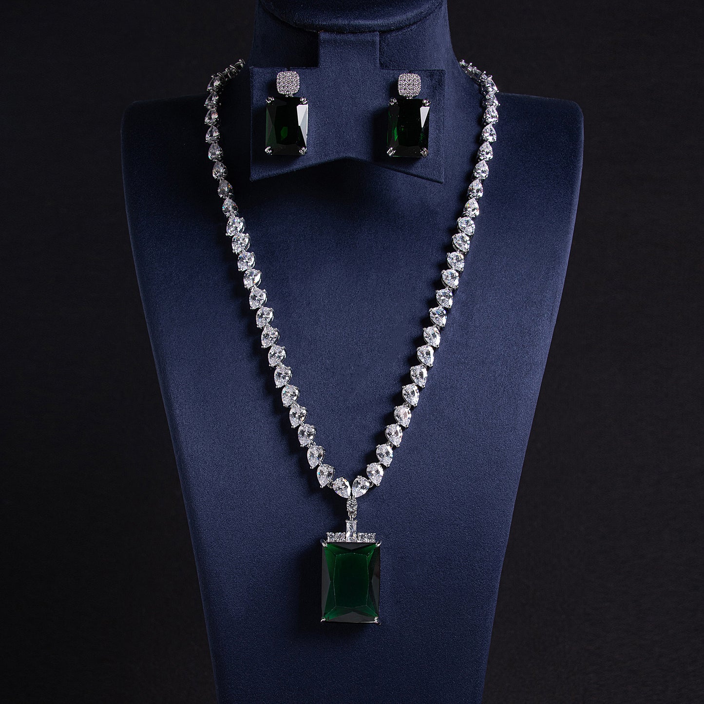 Elegant Rhodium-Plated Copper & Zircon Jewelry Set with Red Rectangular Gemstone Pendant and Matching Earrings