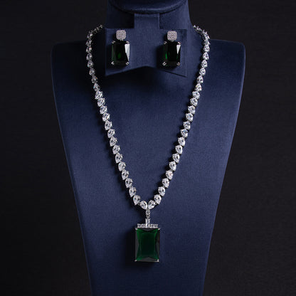 Elegant Rhodium-Plated Copper & Zircon Jewelry Set with Red Rectangular Gemstone Pendant and Matching Earrings