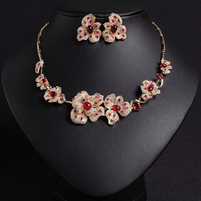 Gorgeous Flower Statement AAA Cubic Zircon Necklace Earrings Sets For Women Party Jewelry