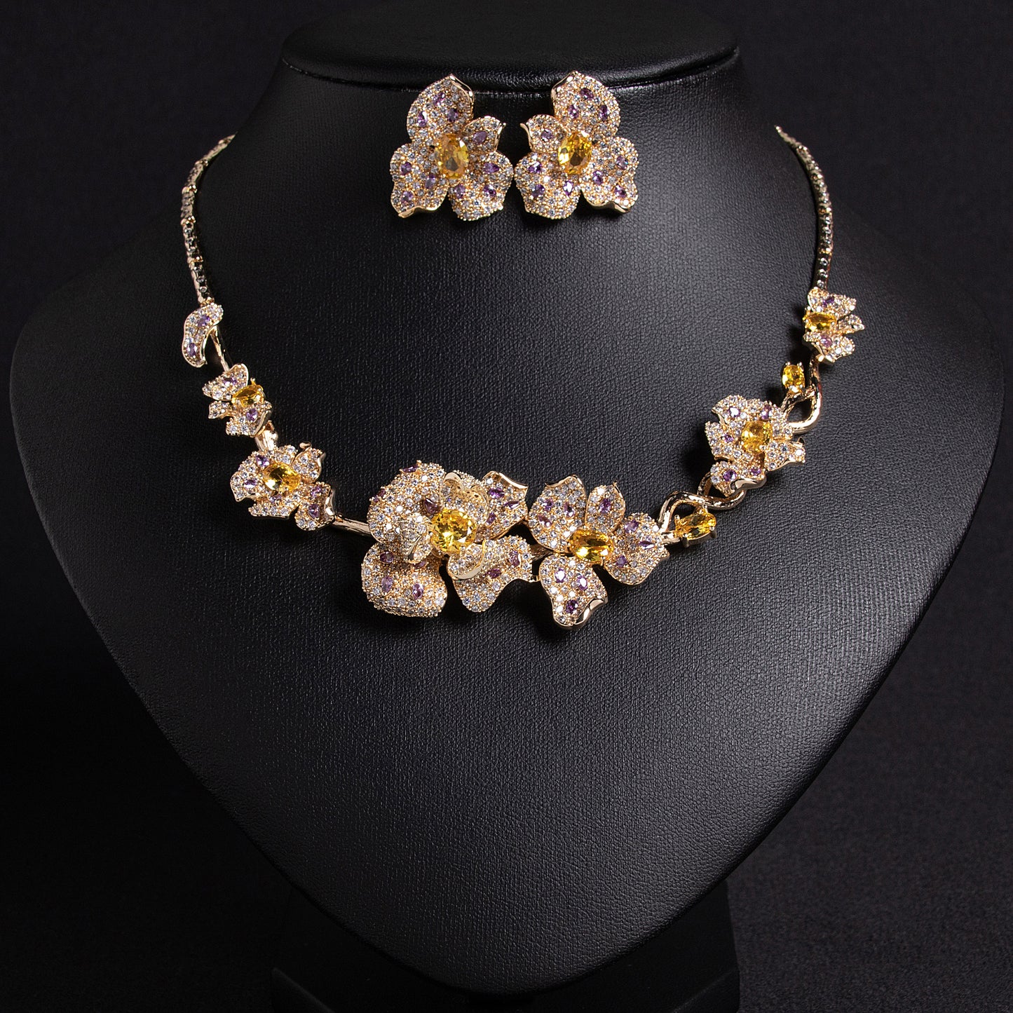Gorgeous Flower Statement AAA Cubic Zircon Necklace Earrings Sets For Women Party Jewelry