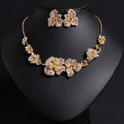 Gorgeous Flower Statement AAA Cubic Zircon Necklace Earrings Sets For Women Party Jewelry