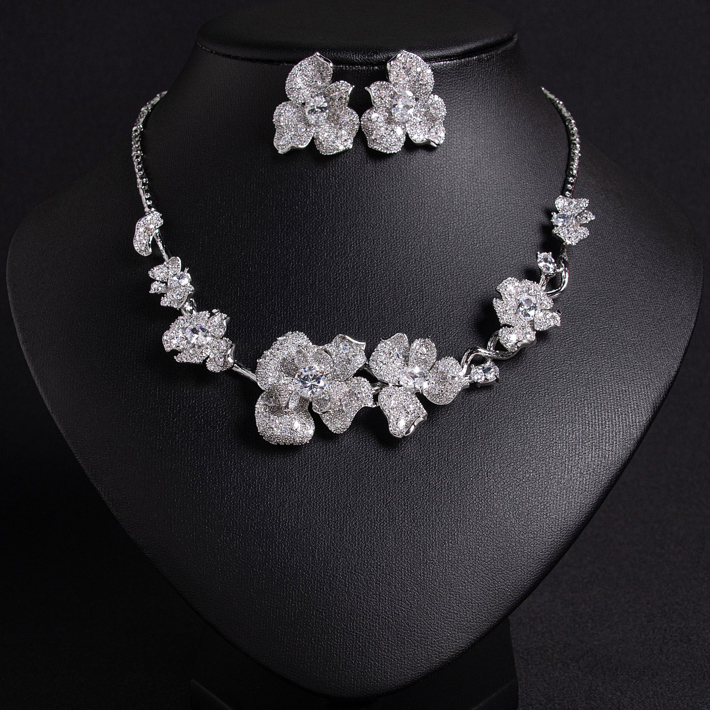 Gorgeous Flower Statement AAA Cubic Zircon Necklace Earrings Sets For Women Party Jewelry