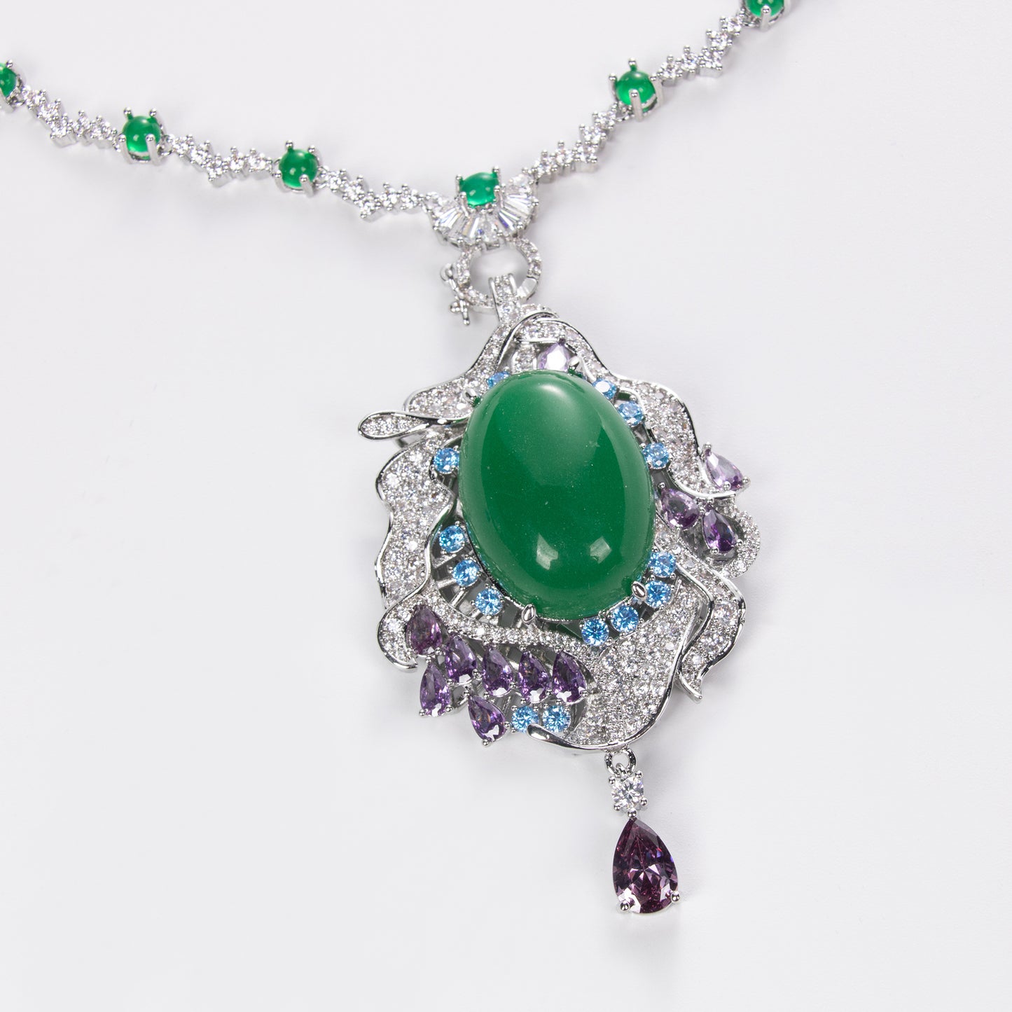 Vintage-Inspired Green Zircon & Purple Gemstone Copper Statement Necklace with Elaborate Pendant