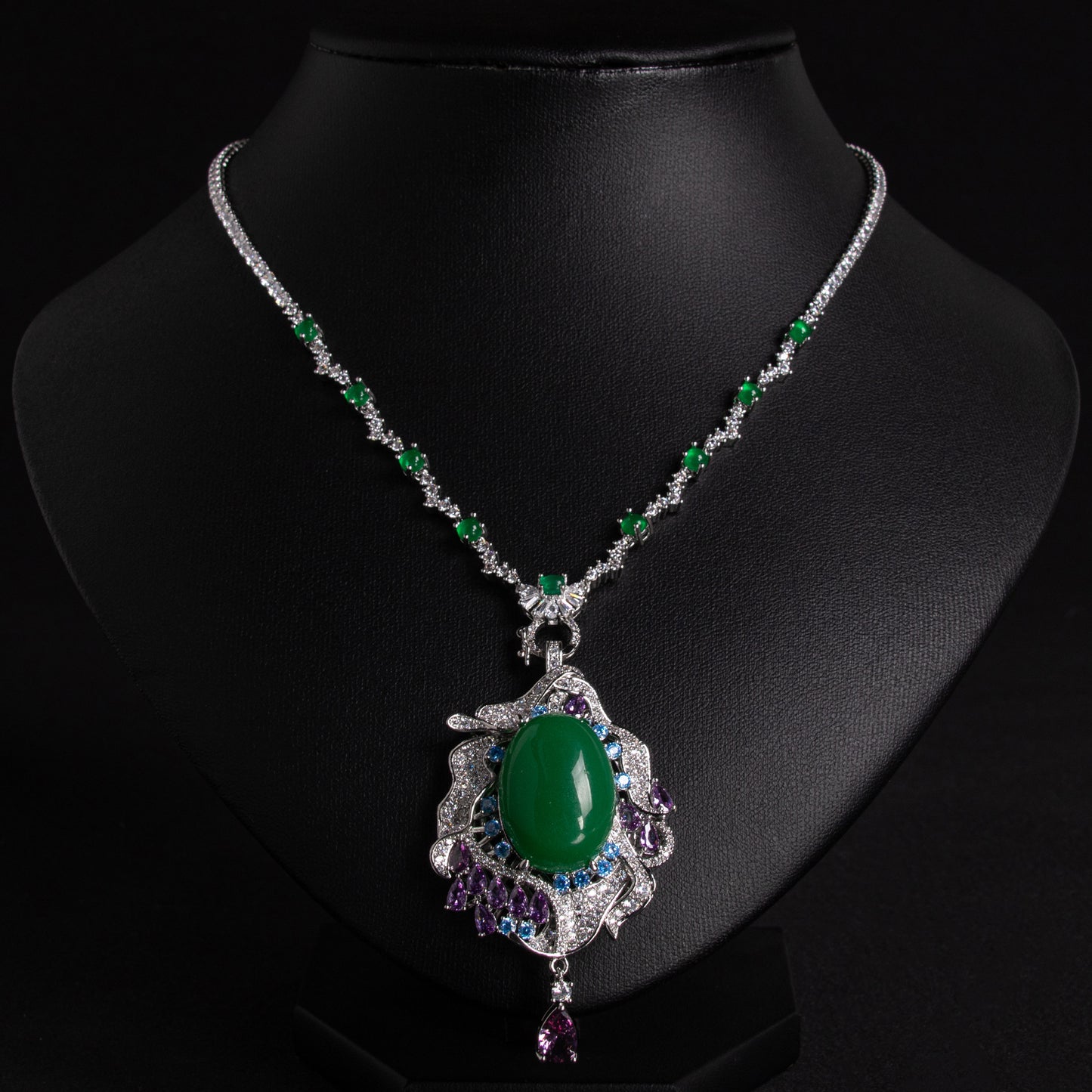 Vintage-Inspired Green Zircon & Purple Gemstone Copper Statement Necklace with Elaborate Pendant