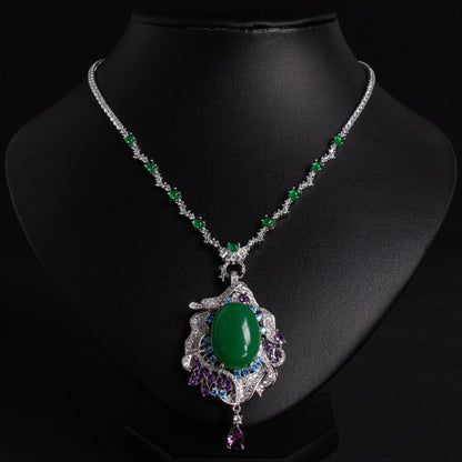 Vintage-Inspired Green Zircon & Purple Gemstone Copper Statement Necklace with Elaborate Pendant